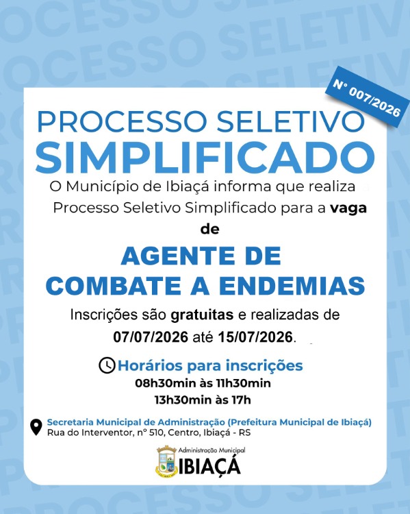 INSCRIÇÕES ABERTAS PARA PROCESSO SELETIVO DE AGENTE DE COMBATE A ENDEMIAS